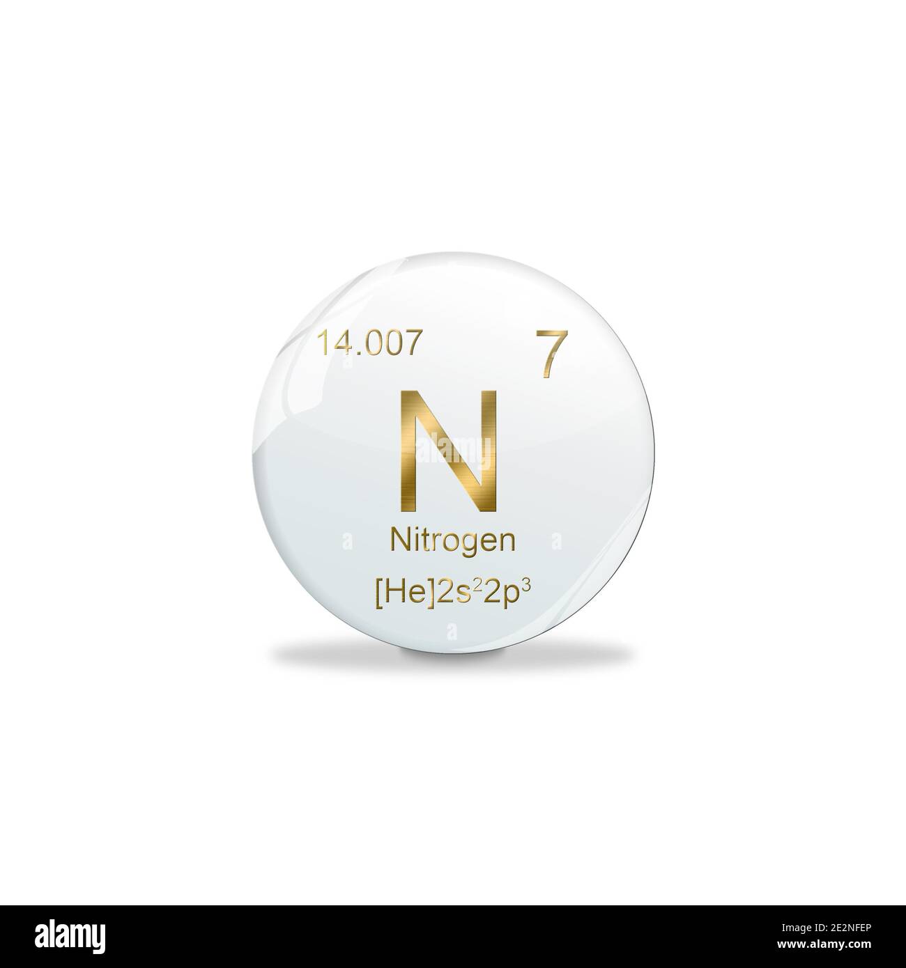 Stickstoff-Symbol - N. Element des Periodensystems auf weißem Ball mit goldenen Zeichen. Weißer Hintergrund Stockfoto