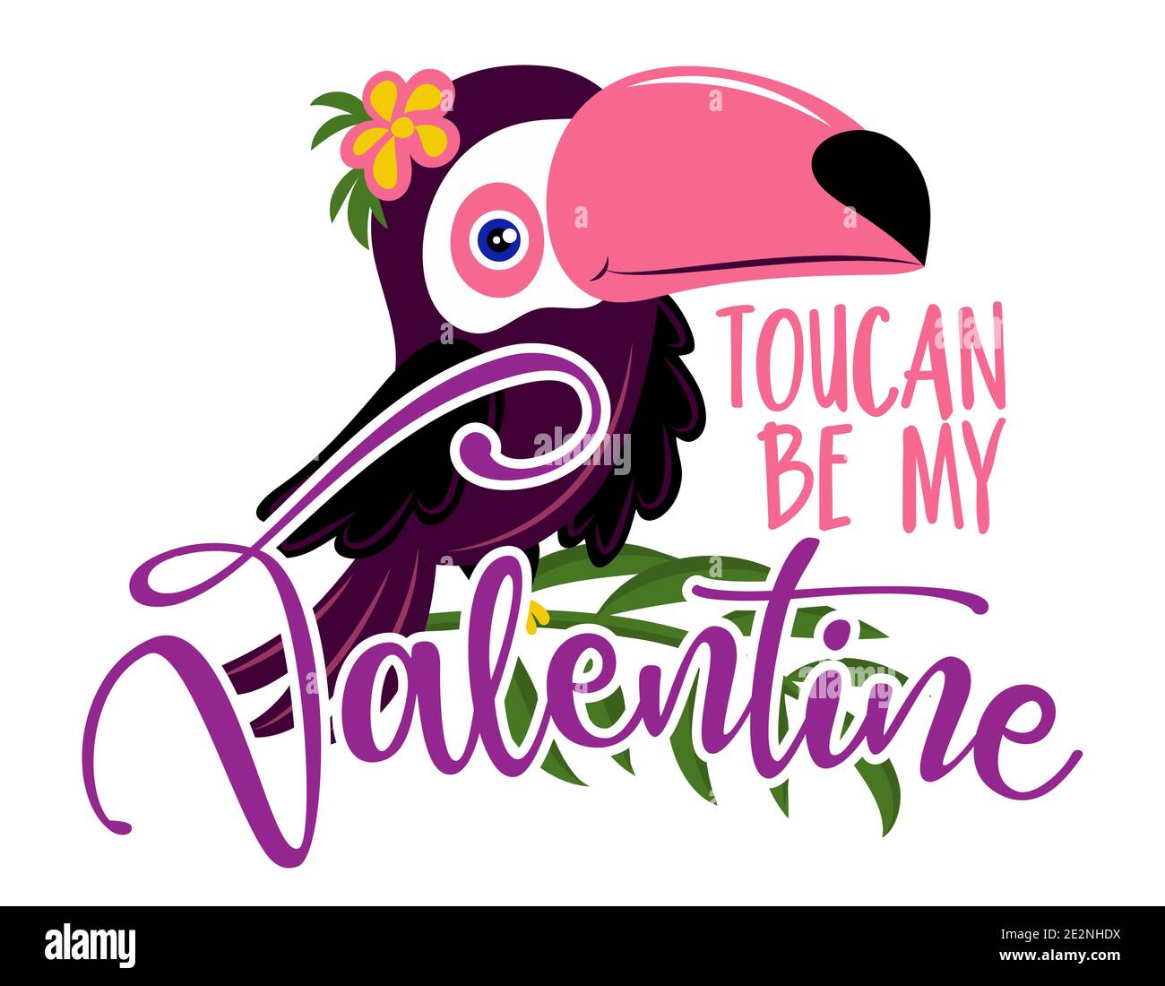 Toucan sei mein Valentine (Du kannst mein Valentine sein) - netter purpurner Tukan Vogel. Lustige Doodle Tier. Handgezeichnete Schriftzüge für Valentinstag Grüße ca. Stock Vektor