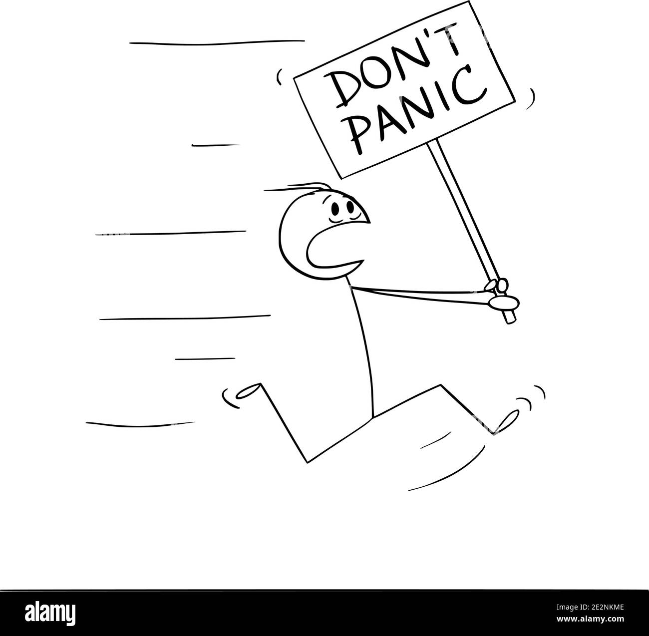 Vektor Cartoon Stick Figur Illustration des Mannes läuft in Angst und hält nicht Panik Zeichen. Stock Vektor