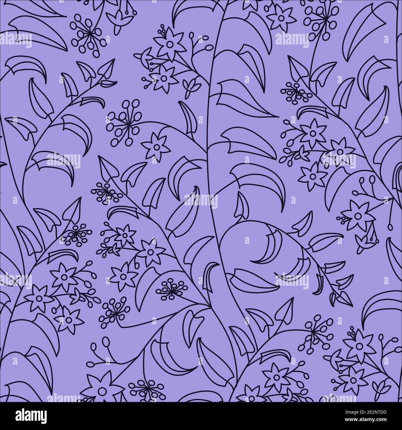 Nachtschatten. Florales Ziermuster. Nahtloses Muster dunkler Konturen auf hellviolettem Hintergrund Stock Vektor