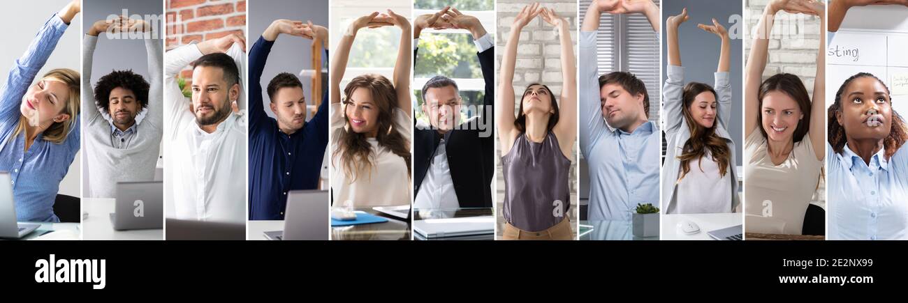 Business Team Stretching Am Arbeitsplatz In Office Collage Stockfoto