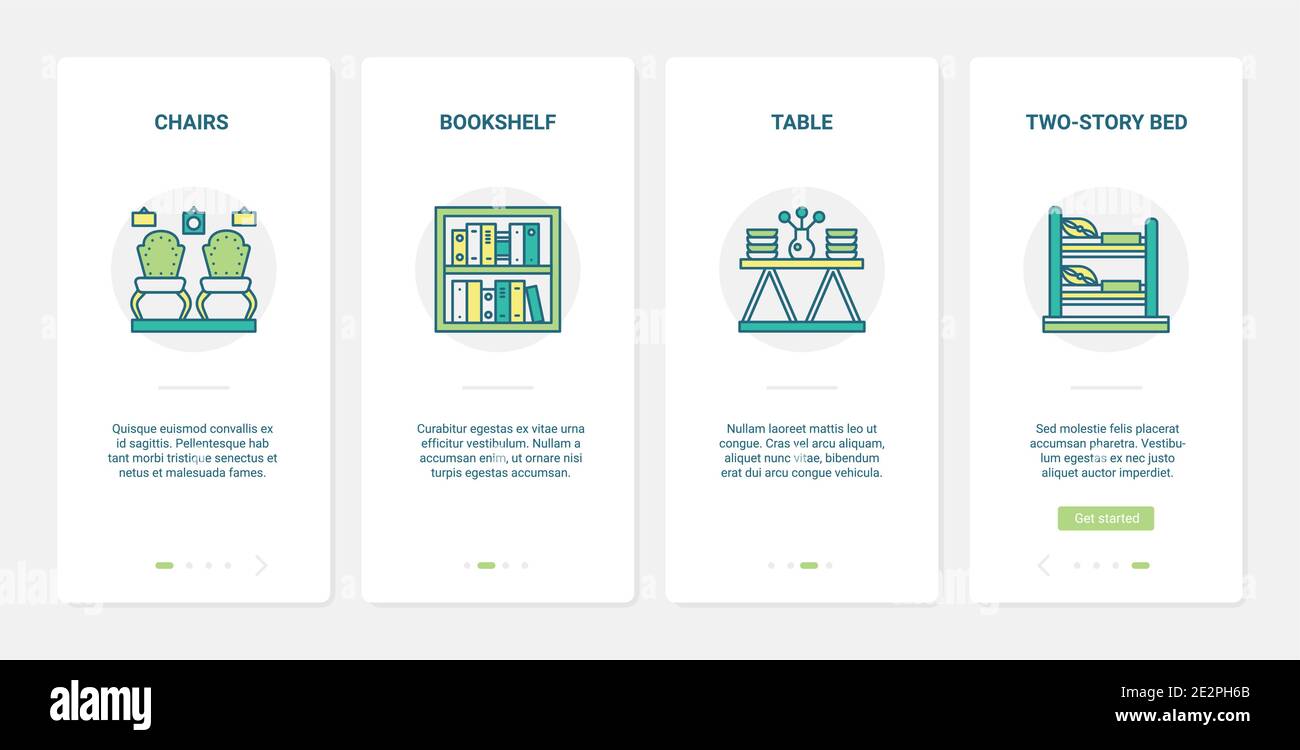 Heim Dekor Möbel Vektor Illustration. UX, UI Onboarding mobile App Seite Screen Set mit Linie dekorative Einrichtungskollektion für Schlafzimmer, Wohnzimmer Interieur, Stühle Regal Tisch Etagenbett Symbole Stock Vektor
