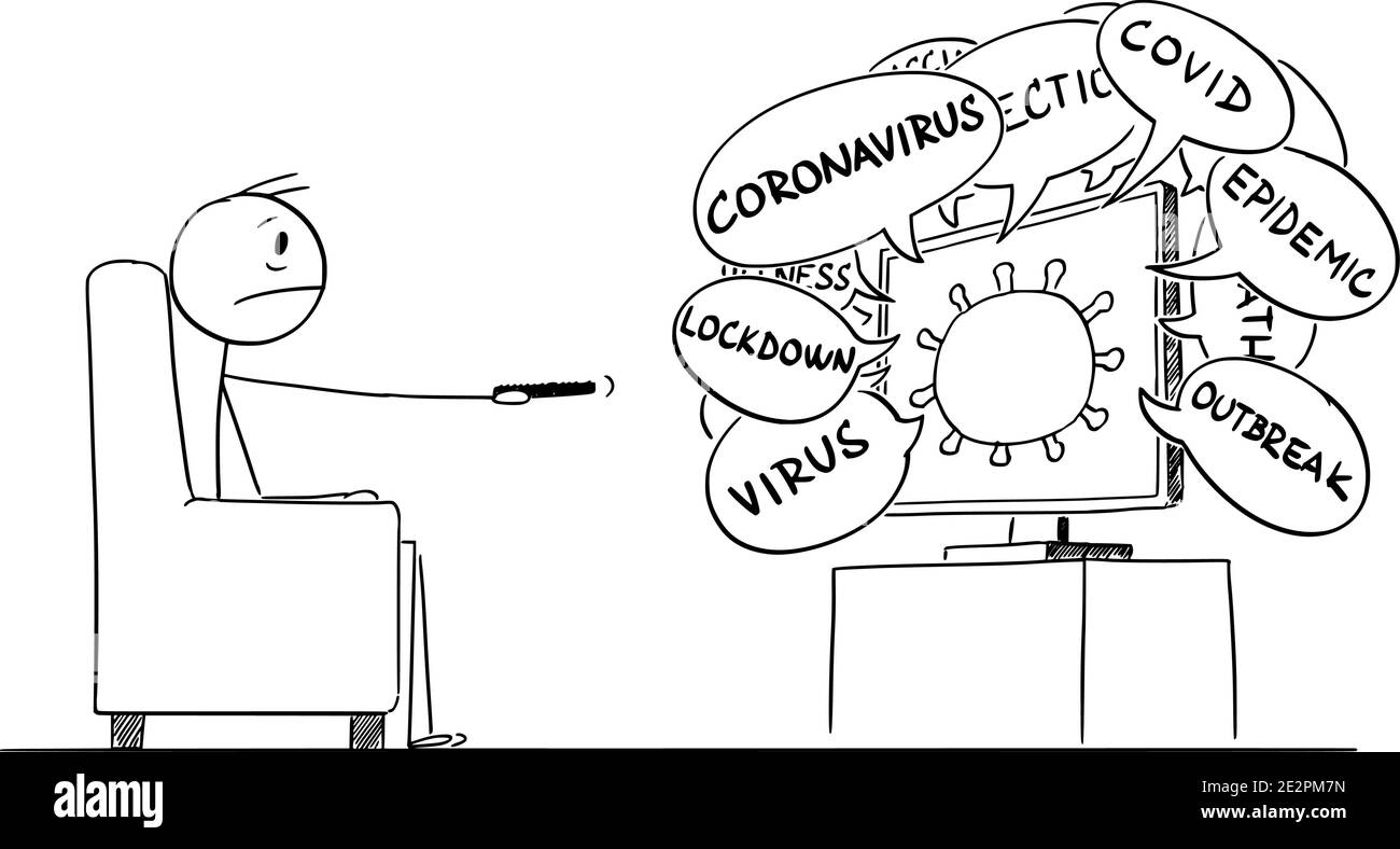 Vektor Cartoon Stick Figur Illustration von gestressten oder frustrierten Mann beobachten neuesten Nachrichten über Coronavirus covid-19 Epidemie im Fernsehen oder TV. Stock Vektor