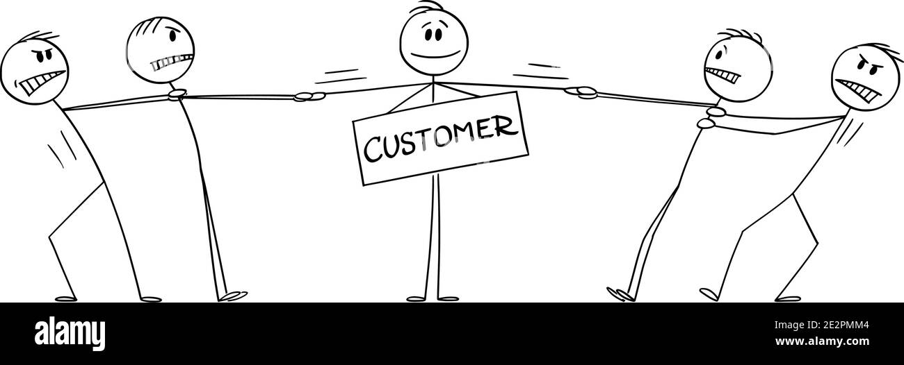 Vektor Cartoon Stick Figur Illustration von zwei Gruppen von Geschäftsleuten spielen Tauziehen für Kunden, stehlen oder Wilderei des Kunden. Konzept von Angebot und Werbung. Stock Vektor