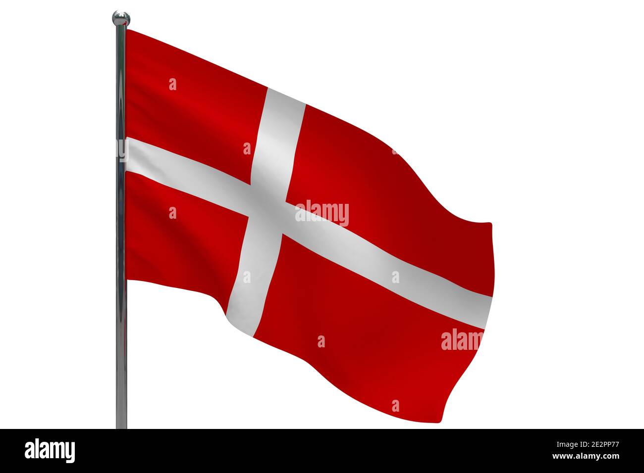 Dänemark Flagge auf Stange. Metallfahnenmast. Nationalflagge von Dänemark 3D-Illustration isoliert auf weiß Stockfoto