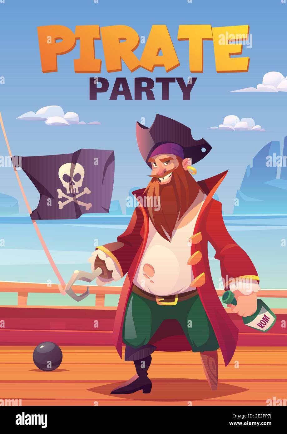 Pirate Party Cartoon Poster mit bärtig lächelnden Filibuster Kapitän mit Haken Hand und Holzbein Prothese hält Rum Flasche Stand auf Holzschiff Deck mit fröhlichen roger Flagge, Vektor-Illustration Stock Vektor