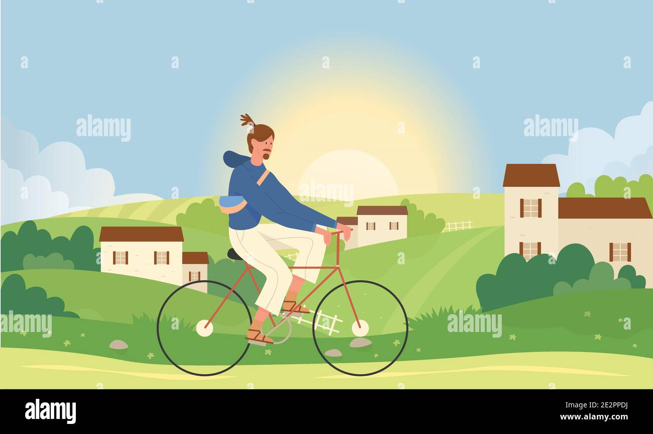 Mann Radfahren im Sommer Natur Landschaft Vektor Illustration. Cartoon junge aktive männliche Figur Fahrrad in der Nähe von kleinen Dorf. Sommer Spaß Fahrt Aktivität Hintergrund Stock Vektor