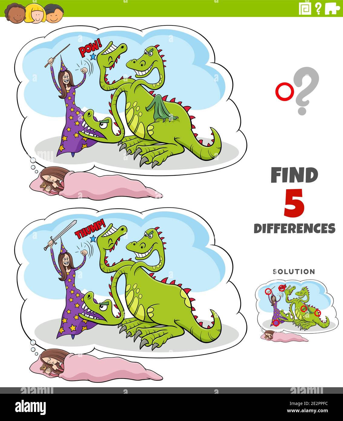 Cartoon Illustration der Suche nach den Unterschieden zwischen Bildern Lernspiel Mit Mädchen Fantasie Traum Stock Vektor