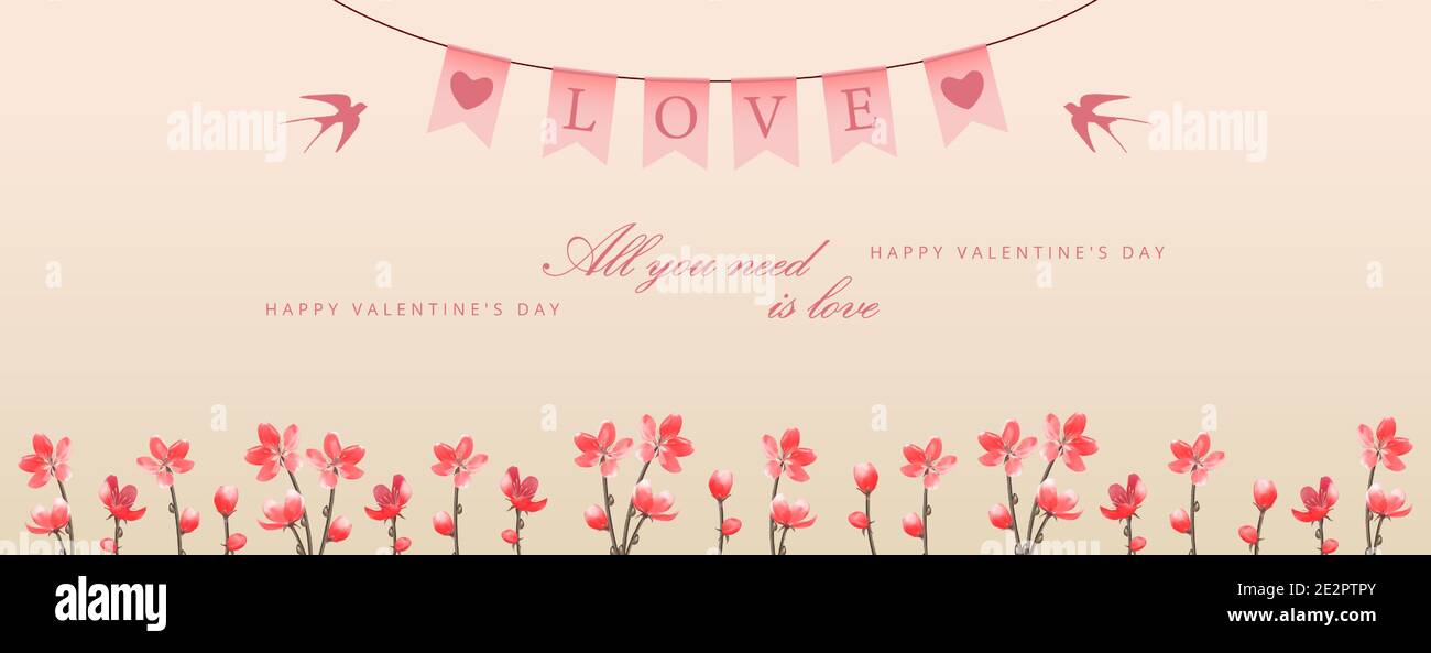 Valentinstag-Banner mit Blumen und hängenden dekorativen festlichen Wimpeln Mit dem Text Liebe Stock Vektor