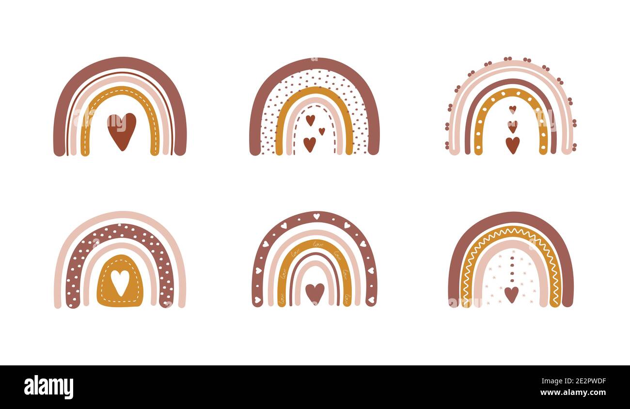 Regenbogen im Boho-Stil mit Herzen. Böhmische Illustrationen für Feiertage. Skandinavisches Design für Tapeten und Wohnkultur. Moderne Vektorgrafik Stock Vektor