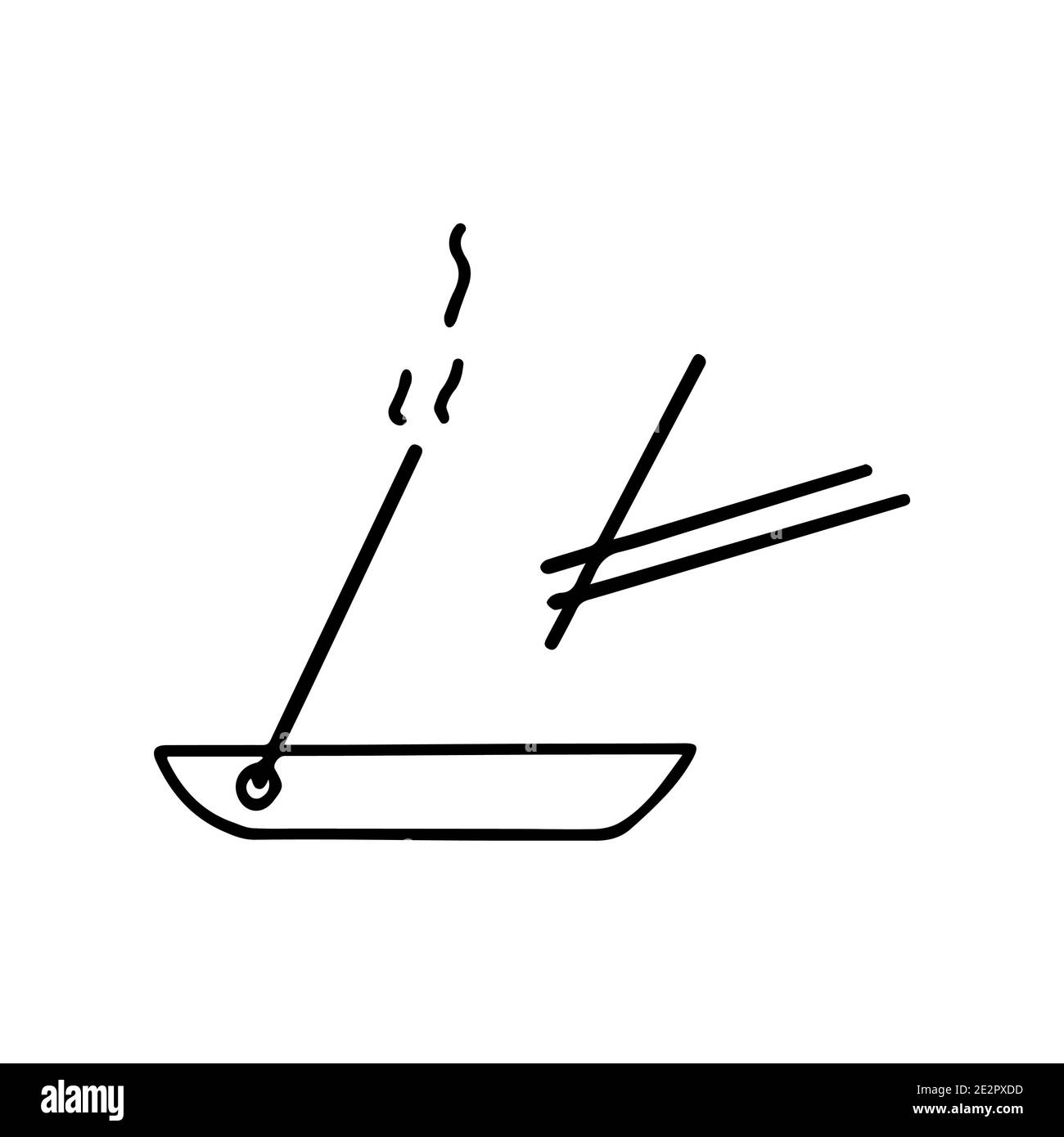 Stehen Sie mit einem dampfenden Räucherstäbchen auf. Symbol schwarz und weiß Vektor Illustration Doodle isoliert. Aromatherapie, Spa oder Meditationskonzept Stock Vektor