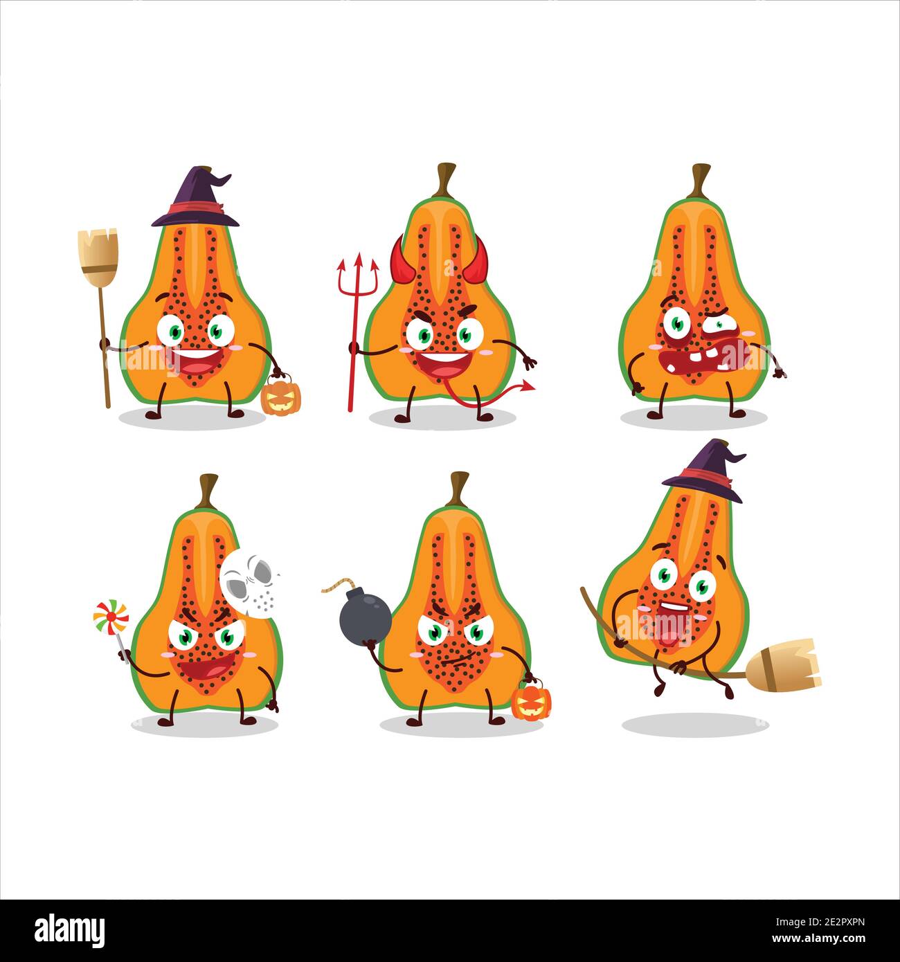 Halloween Ausdruck Emoticons mit Cartoon-Charakter der Scheibe Papaya. Vektorgrafik Stock Vektor