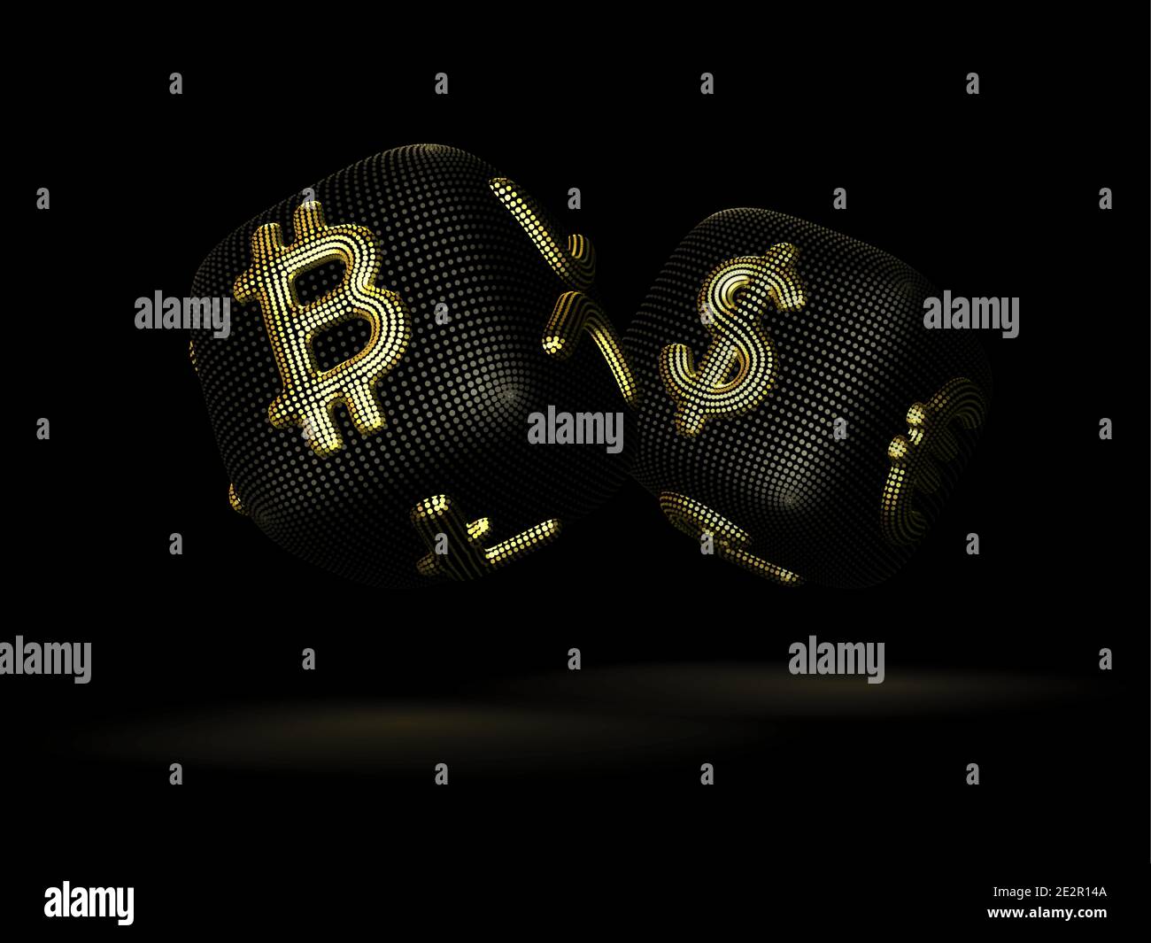 Digitale 3D-Würfel mit Kryptowährungslogos Bitcoin, Litecoin und Ripple. Stock Vektor