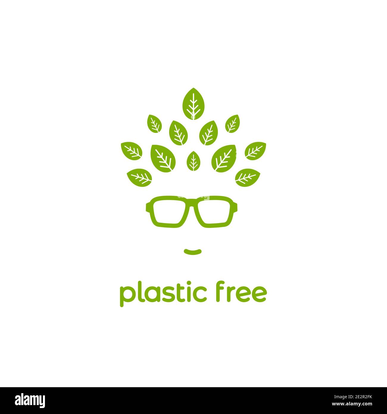 Grüne Silhouette des Mannes Kopf in Hipster Brille mit Blättern in Haar und Text Kunststoff frei. avatar mit Bäumen und Text. Ökologie, umweltfreundlich. Gehen Sie los Stock Vektor