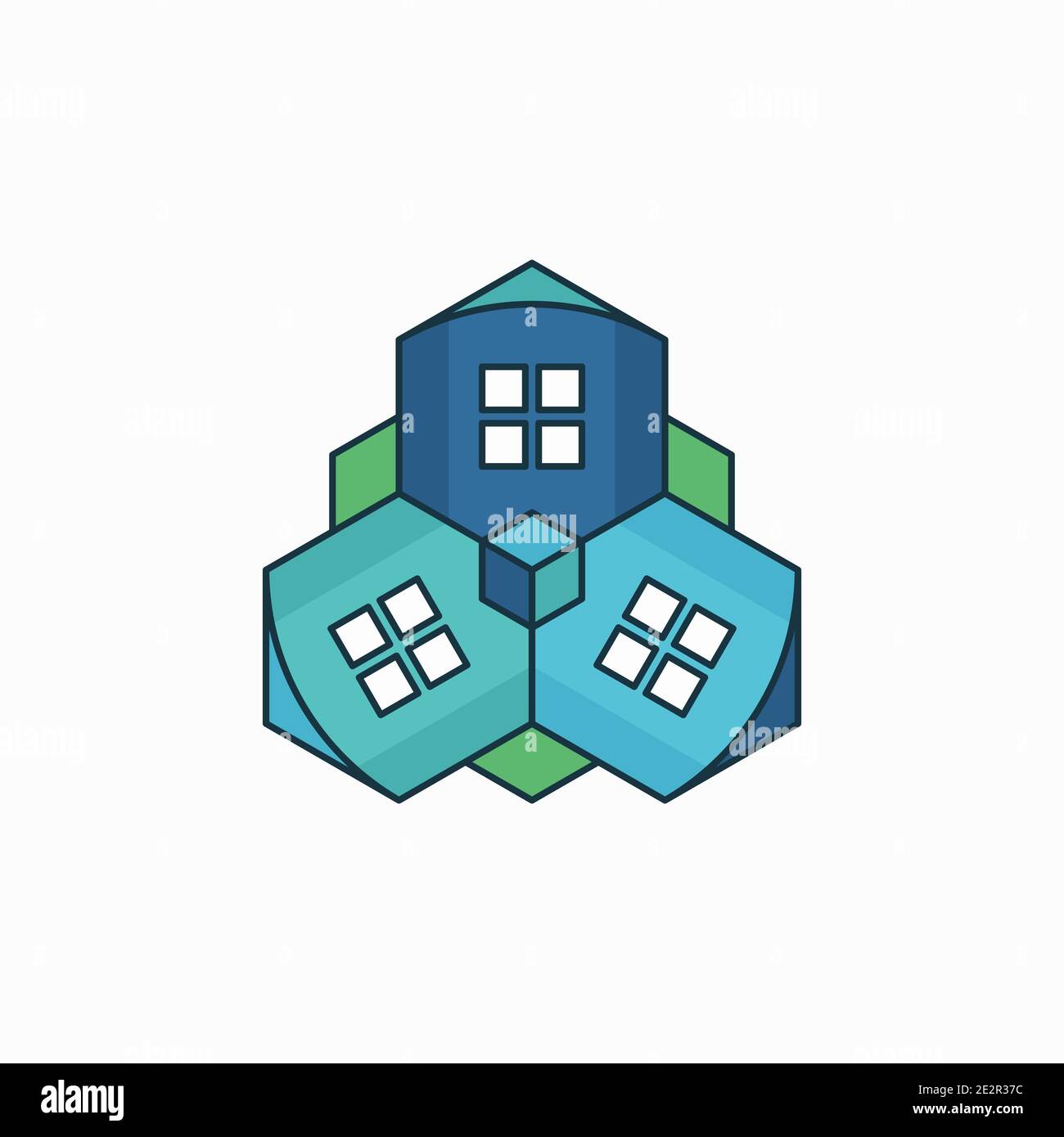 Smart City Logo-Design. Vektor-Illustration von sechseckigen Öko Häuser isoliert auf weißem Hintergrund Stock Vektor