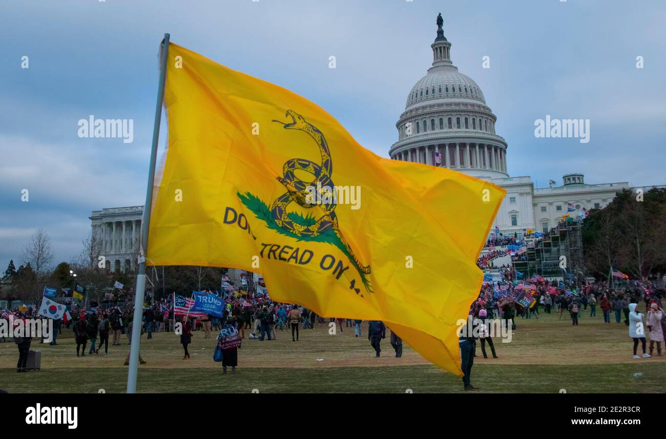 Januar 2021. Tritt nicht auf mich Fahne. Massen von Demonstranten auf dem Capitol Hill zur Unterstützung von Donald Tump. US Capitol Building, Washington DC.USA Stockfoto