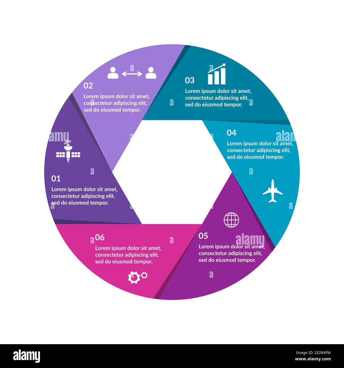 Farbenfrohe Infografik in Form der Kamerablende. Sechs Schritte oder Optionen. Sechseck-Zoomeffekt. Diagramm, Diagramm, Diagramm, Präsentationsvorlage. Vektor Stock Vektor