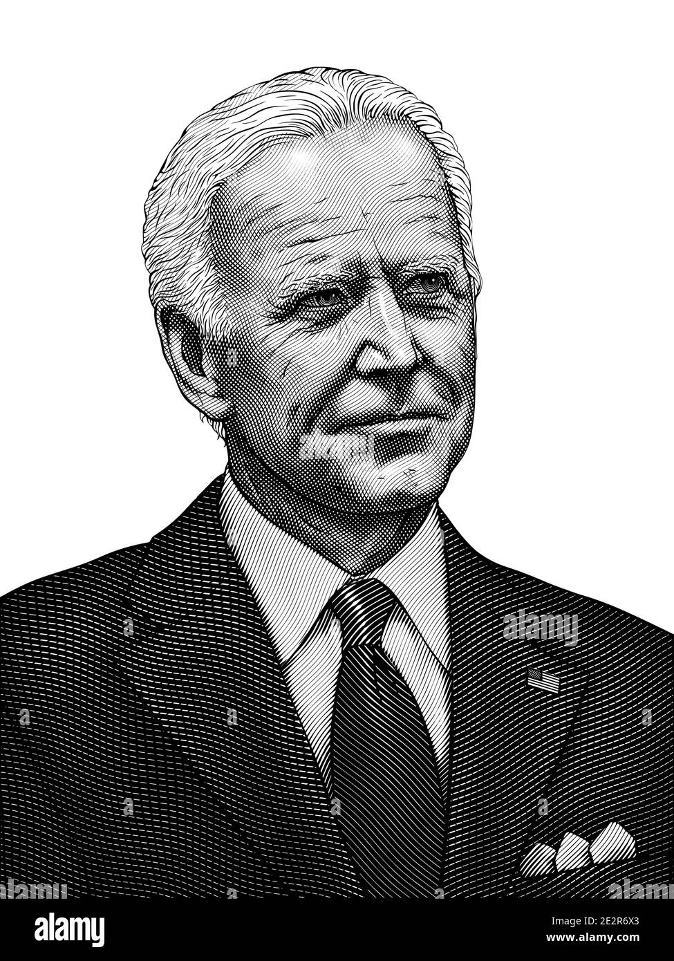 Joe Biden. Neuer Präsident der Vereinigten Staaten. Original Vektorgravur. Schwarz-weiß isoliertes Porträt des amerikanischen Führers im Vintage-Stil. Stock Vektor