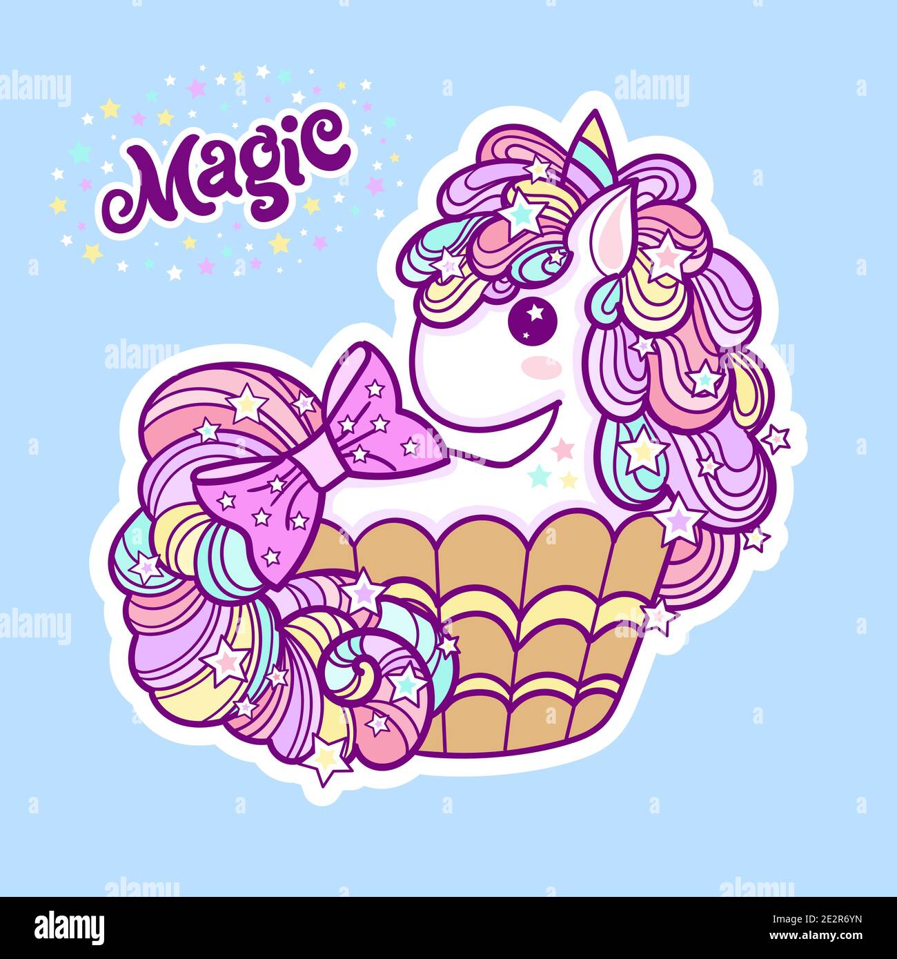 Niedliche Einhorn Cupcake auf einem blauen Hintergrund. Kawaii, Kinderzeichnung. Vektor Stock Vektor