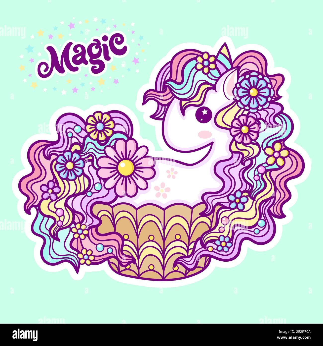 Niedliche Einhorn Cupcake auf einem grünen Hintergrund. Kawaii, Kinderzeichnung. Vektor Stock Vektor