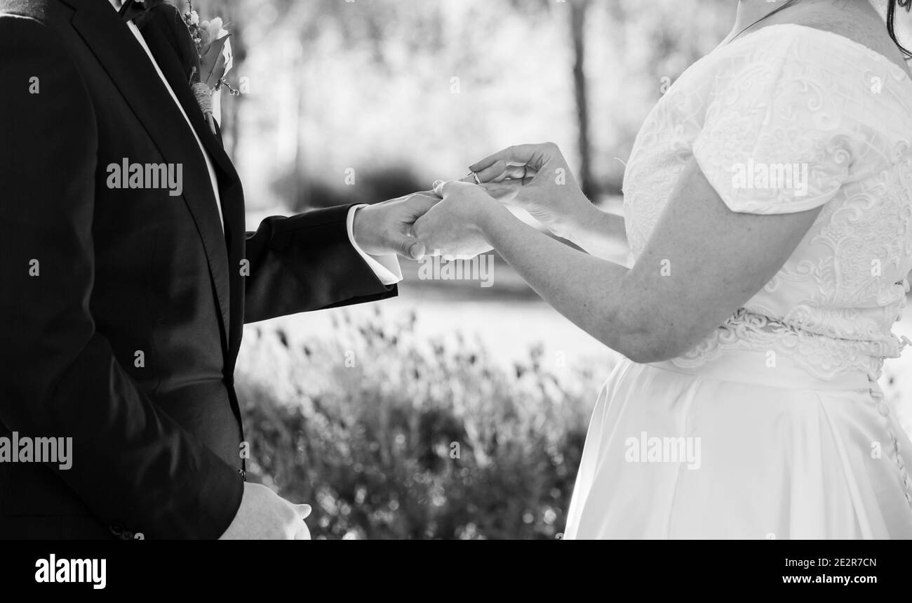 Braut und Bräutigam Ringe austauschen Stockfoto