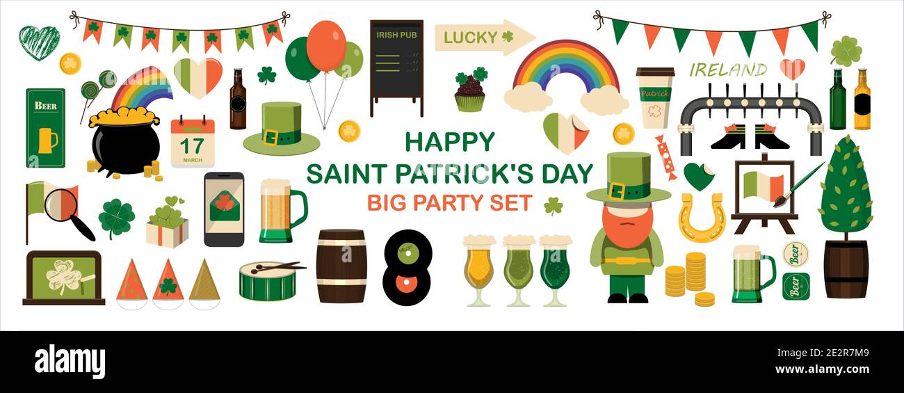 Ein großer Satz von flachen Icons für St. Patrick s Day EIN Satz von Illustrationen für eine Party, Einladung, Postkarte oder Banner. Vektor-Cliparts mit Bildern von Bier, Regenbogen, Gnom, Bart, Münzen und Klee. Isolierte Objekte auf weißem Hintergrund Stock Vektor
