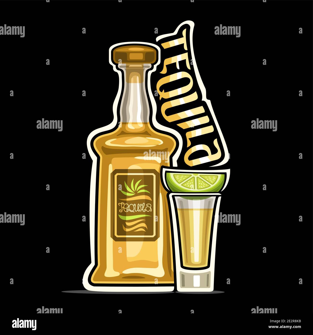 Vektor-Logo für Tequila, Umriss Illustration der gelben Flasche mit dekorativem Etikett und Vollglas Schuss mit Zitronenscheibe, Plakat mit einzigartigem Design Stock Vektor