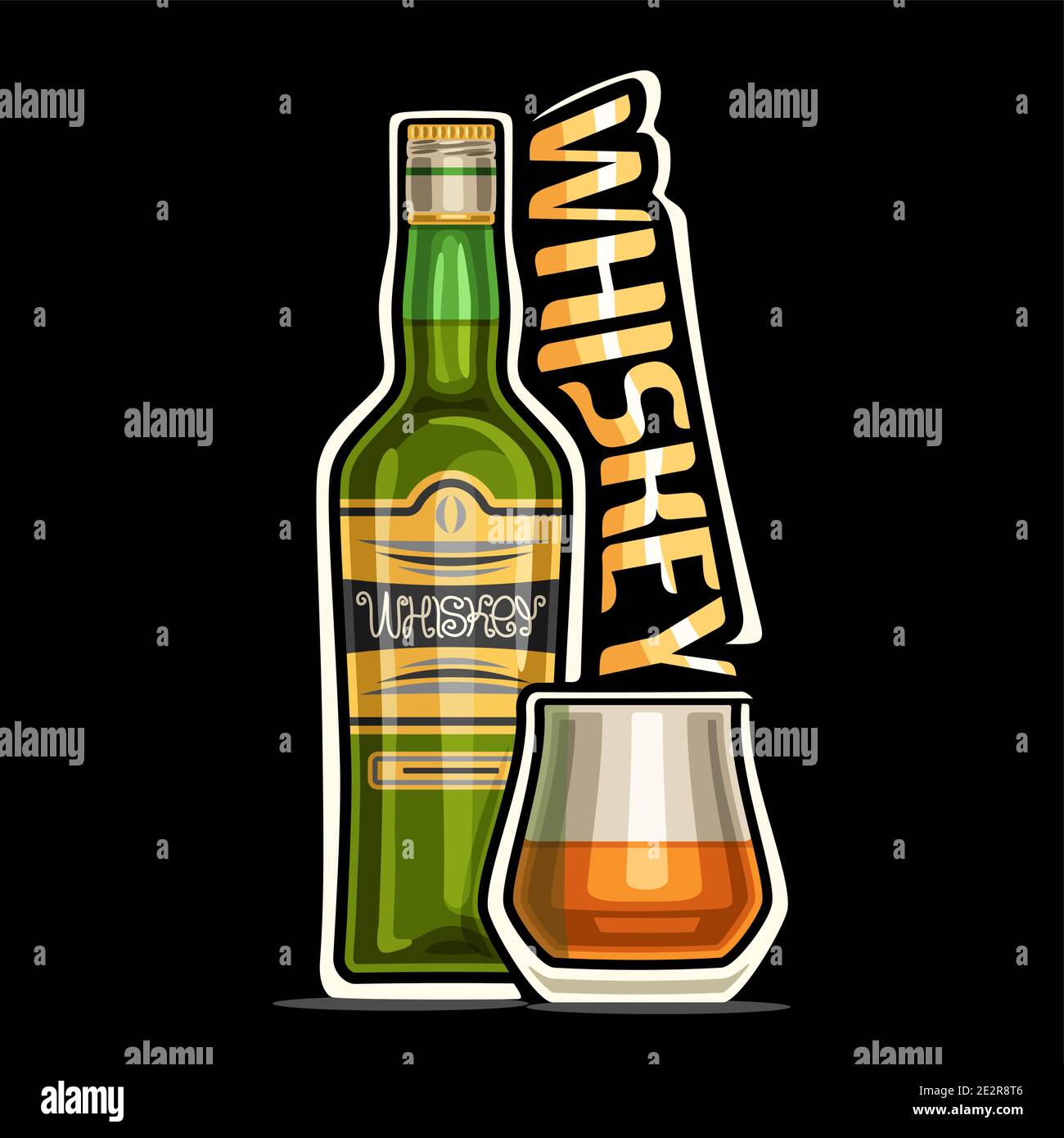Vektor-Logo für Whiskey, Umriss Illustration der grünen Flasche mit dekorativem Etikett und halb Vollglas mit Whiskey, Plakette mit einzigartigem Design lette Stock Vektor