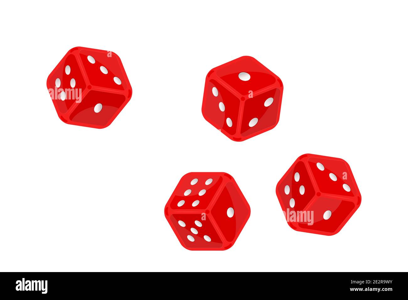 Rote Würfel im Flug isoliert auf weißem Hintergrund. Casino Glücksspiel und Unterhaltung. Brettspiel Würfel-Symbol im Flug. Pokerwürfel. Vektorgrafik Stock Vektor