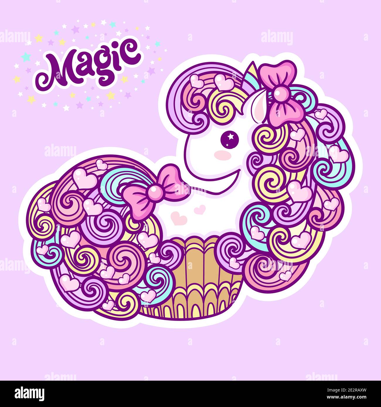 Niedliche Einhorn Cupcake auf einem rosa Hintergrund. Kawaii, Kinderzeichnung. Vektor Stock Vektor