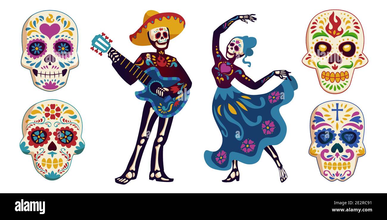 Tag der Toten, Dia de los muertos Figuren tanzen Catrina oder Mariachi Musiker Skelette und Zucker Schädel mit mexikanischen Elementen verziert. Halloween Feiertagsfeier, Cartoon-Vektor-Illustration Stock Vektor