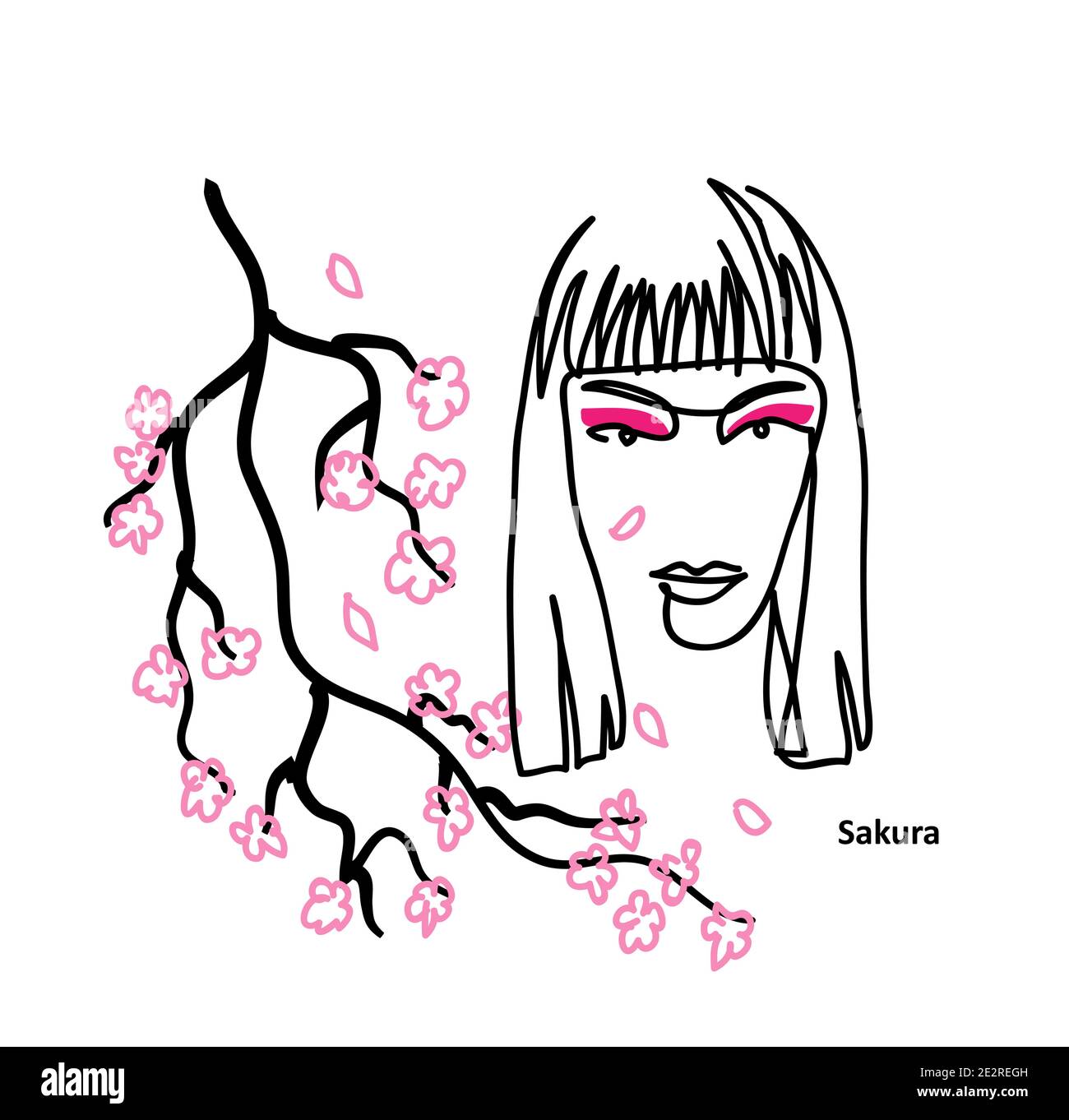 Lidschatten einfache Werbeträger Poster. Schönes Mädchen mit rosa Make-up, Lidschatten. Sakura Bloom Stock Vektor