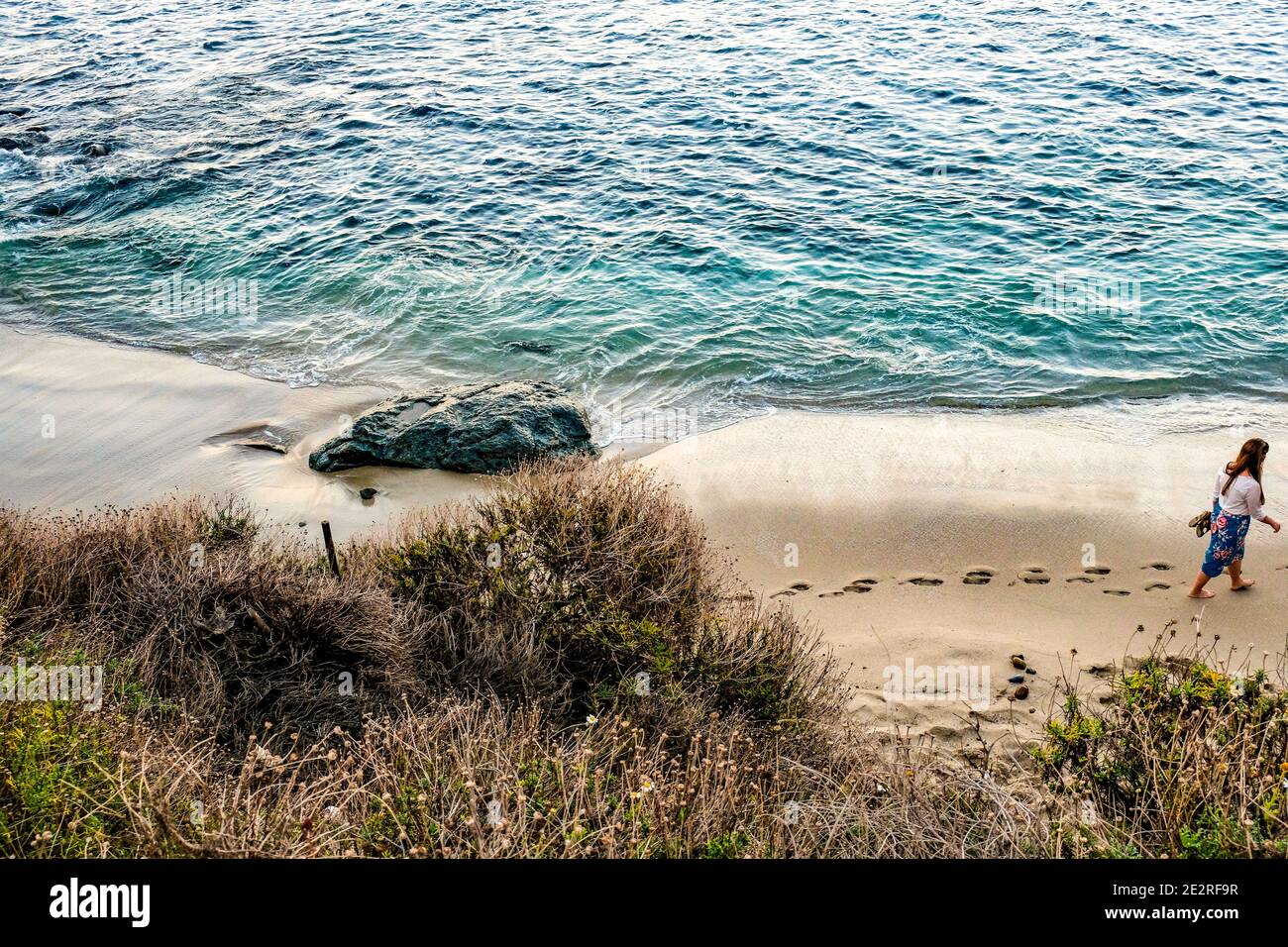 Frau hinterlässt Spuren im Sand, läuft aus dem Rahmen, entlang des Strandes mit blaugrünem Wasser und einheimischen Pflanzen; La Jolla Cove; San Diego, Kalifornien Stockfoto