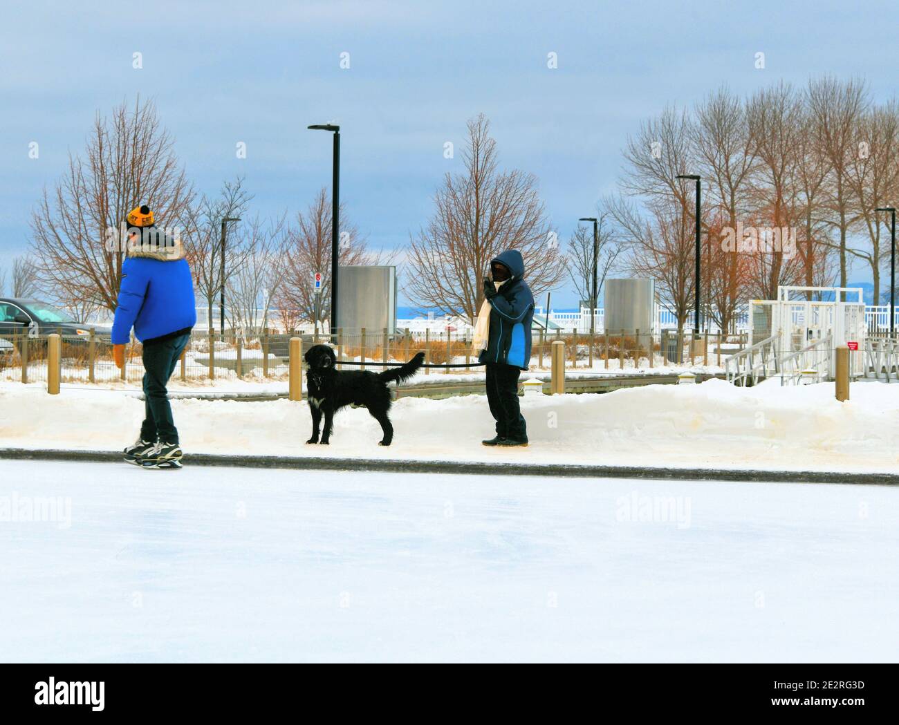 Man Skating auf der Außenbahn im Marina Park, Thunder Bay, Ontario Kanada, an einem bewölkten Tag. Stockfoto