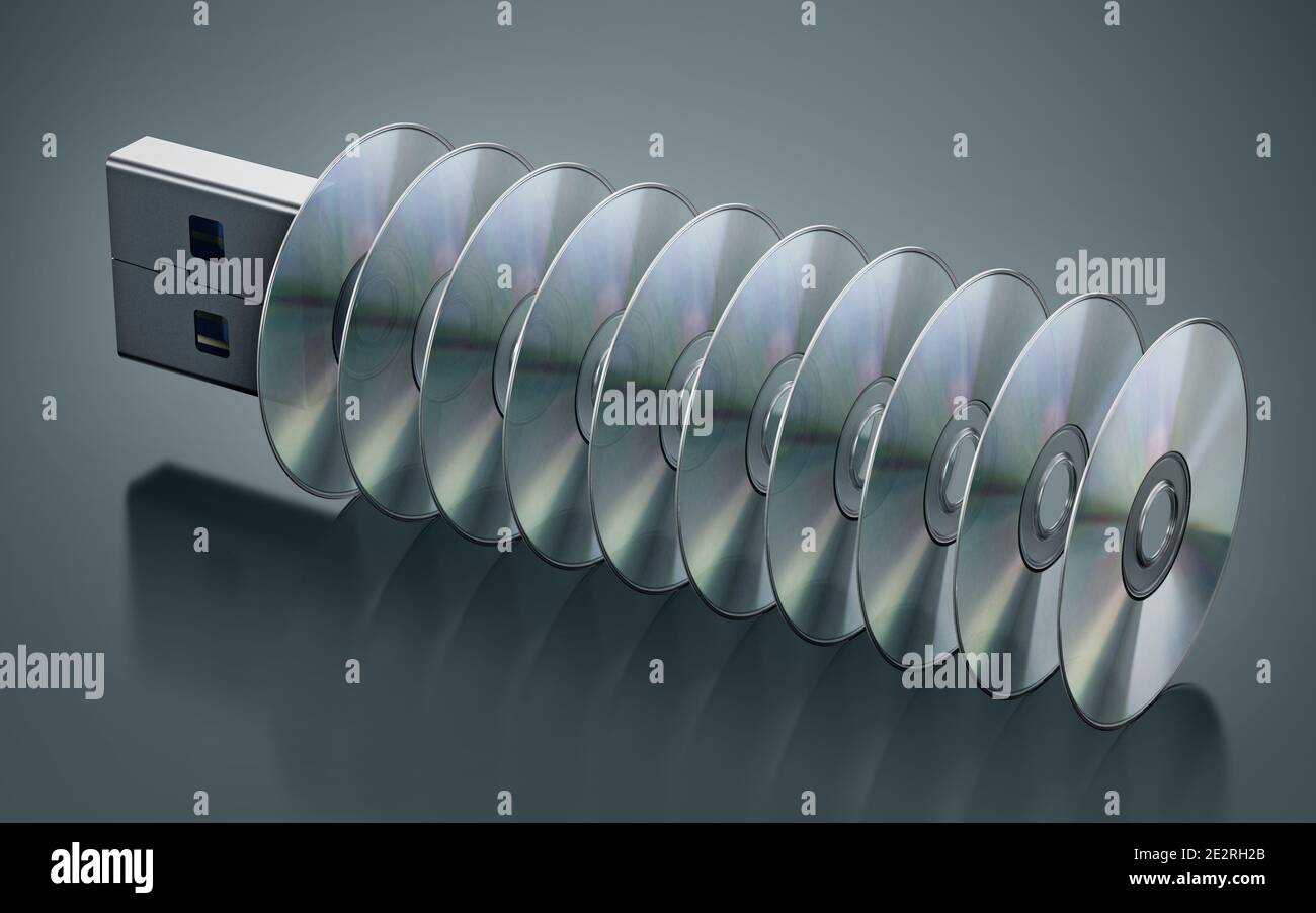 USB-Stick mit gestapelten Discs isoliert auf schwarzem Hintergrund. 3D-Illustration. Stockfoto