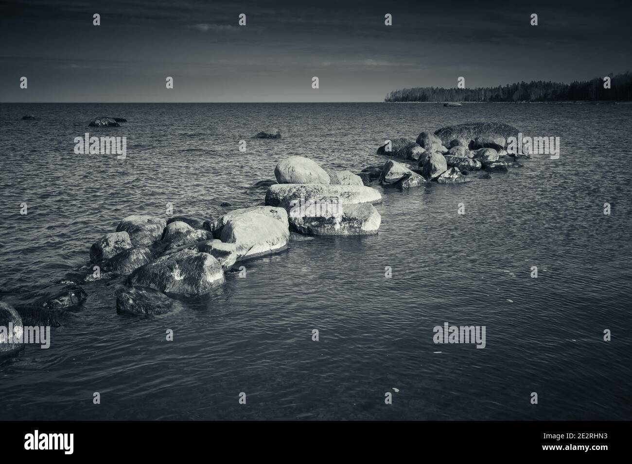 Steine liegen in einer Reihe auf einem Meeresboden in seichtem Wasser, Ostsee Küstenlandschaft, blau getönte monochrome Foto Stockfoto