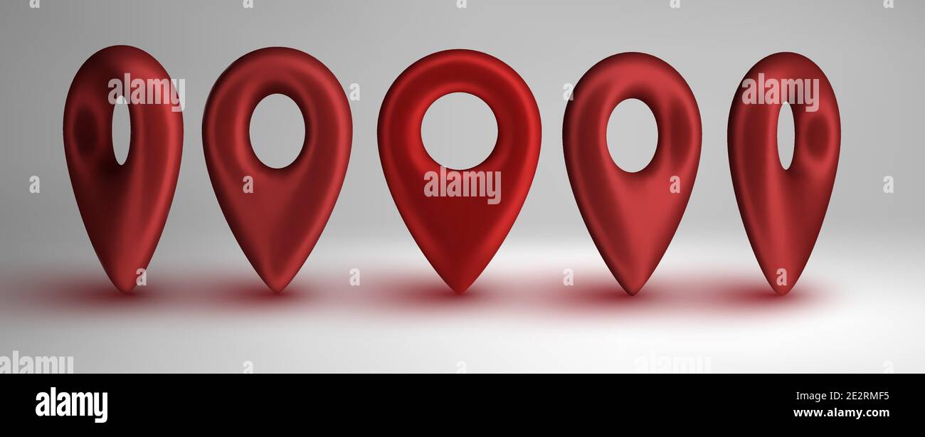 Rote Kartenzeiger werden isoliert auf weißem Hintergrund gesetzt. Konzept der Standortersymbole. GPS 3d Zeiger großes Set. Vektor-3d-Illustration. Stock Vektor