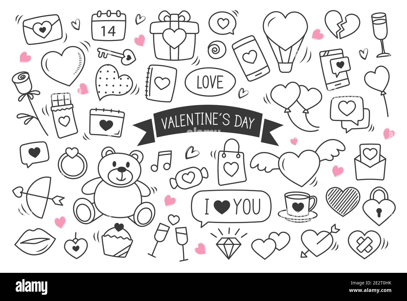 Valentinstag Hand gezeichnet doodles Objekte und Symbole. Set von Liebe und Elemente Hintergrund. Stock Vektor