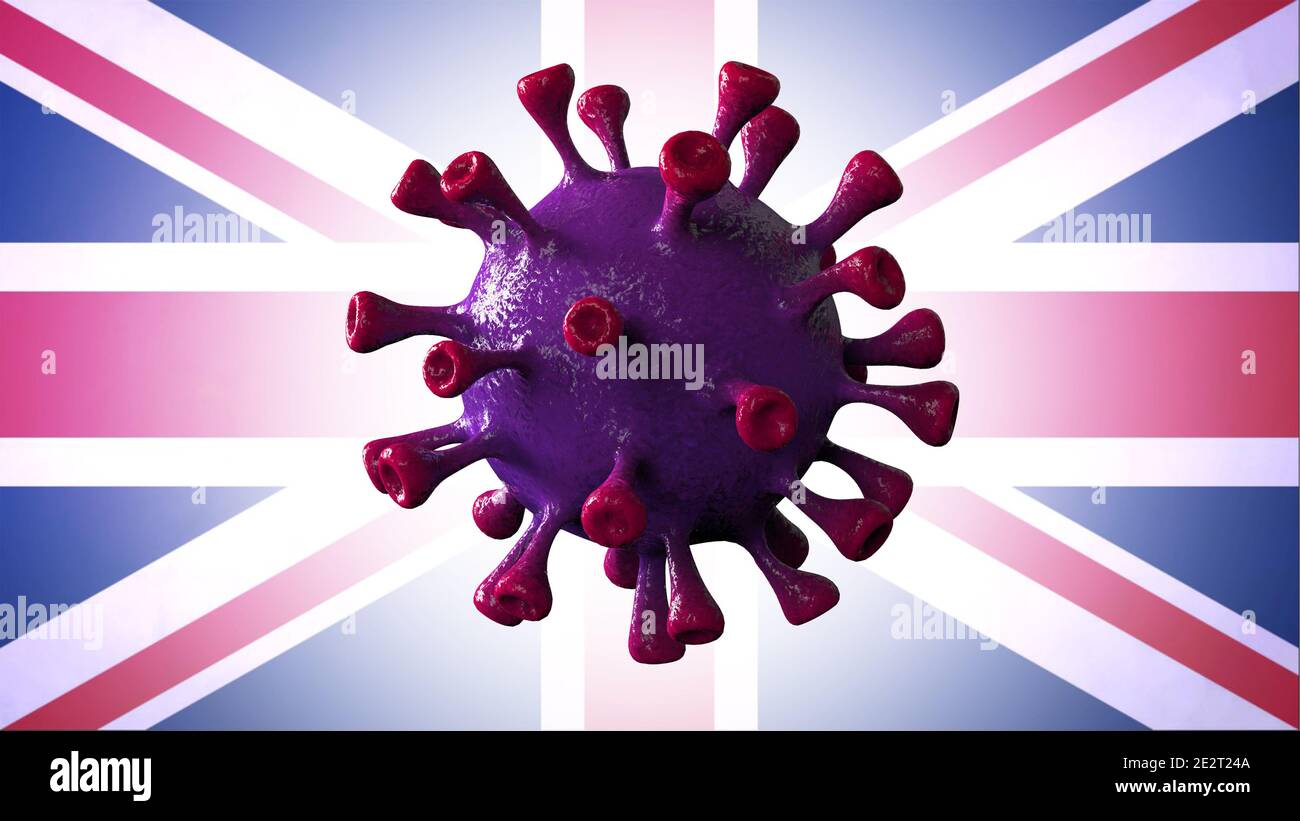 Covid britische und englische Variante, covid-19 Virus mit englischer Flagge. Stockfoto