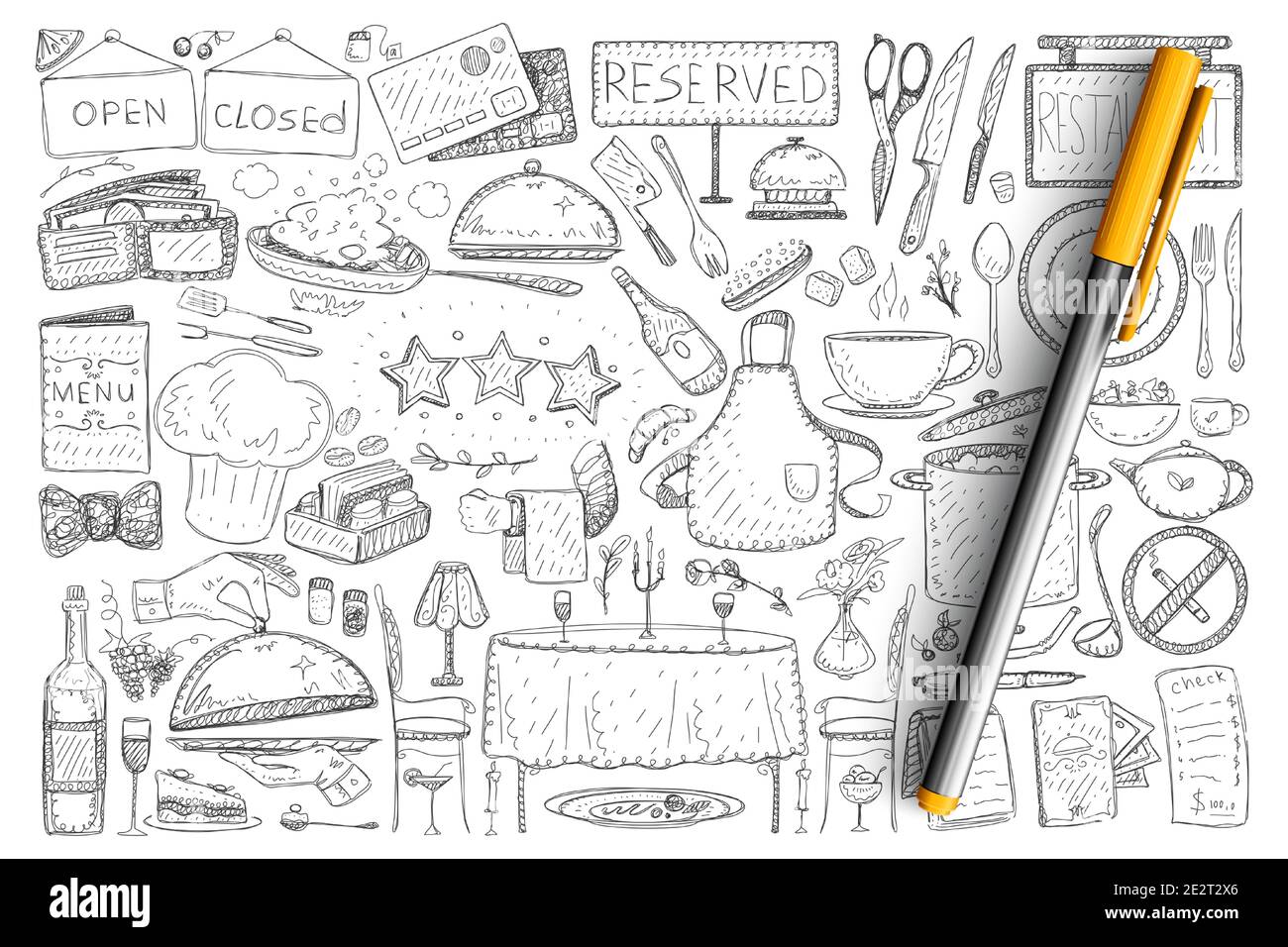 Restaurant und Café Elemente Doodle Set. Sammlung von handgezeichneten Männern, Tischen, Schildern, Flaschen und servierten Speisen in Restaurants isoliert auf transparentem Hintergrund. Illustration der funktionierenden Bistro-Schilder Stock Vektor