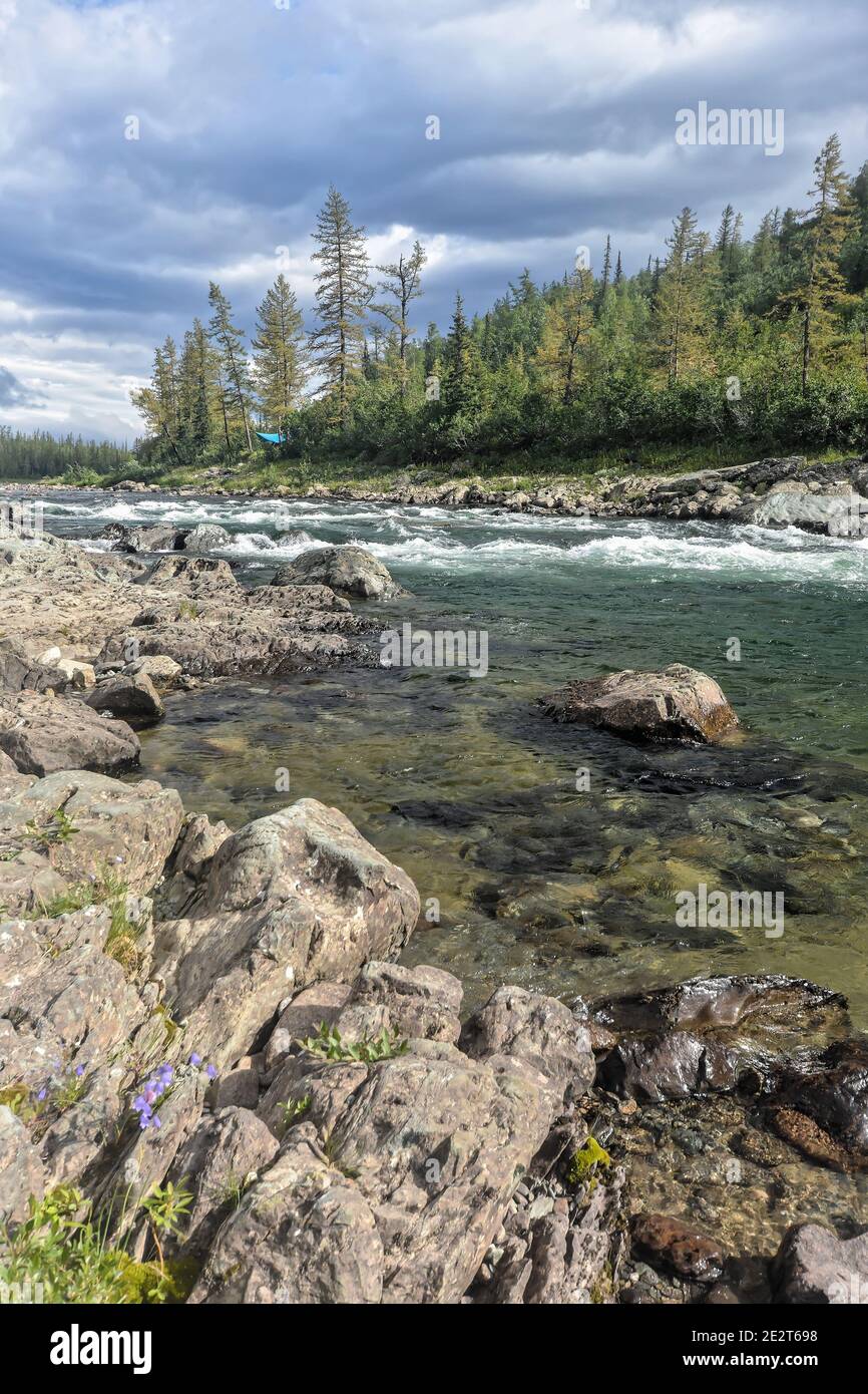 Eine Schnellfahrt auf dem Nordfluss. Landschaft mit weißem Wasser auf einer schnellen. Stockfoto