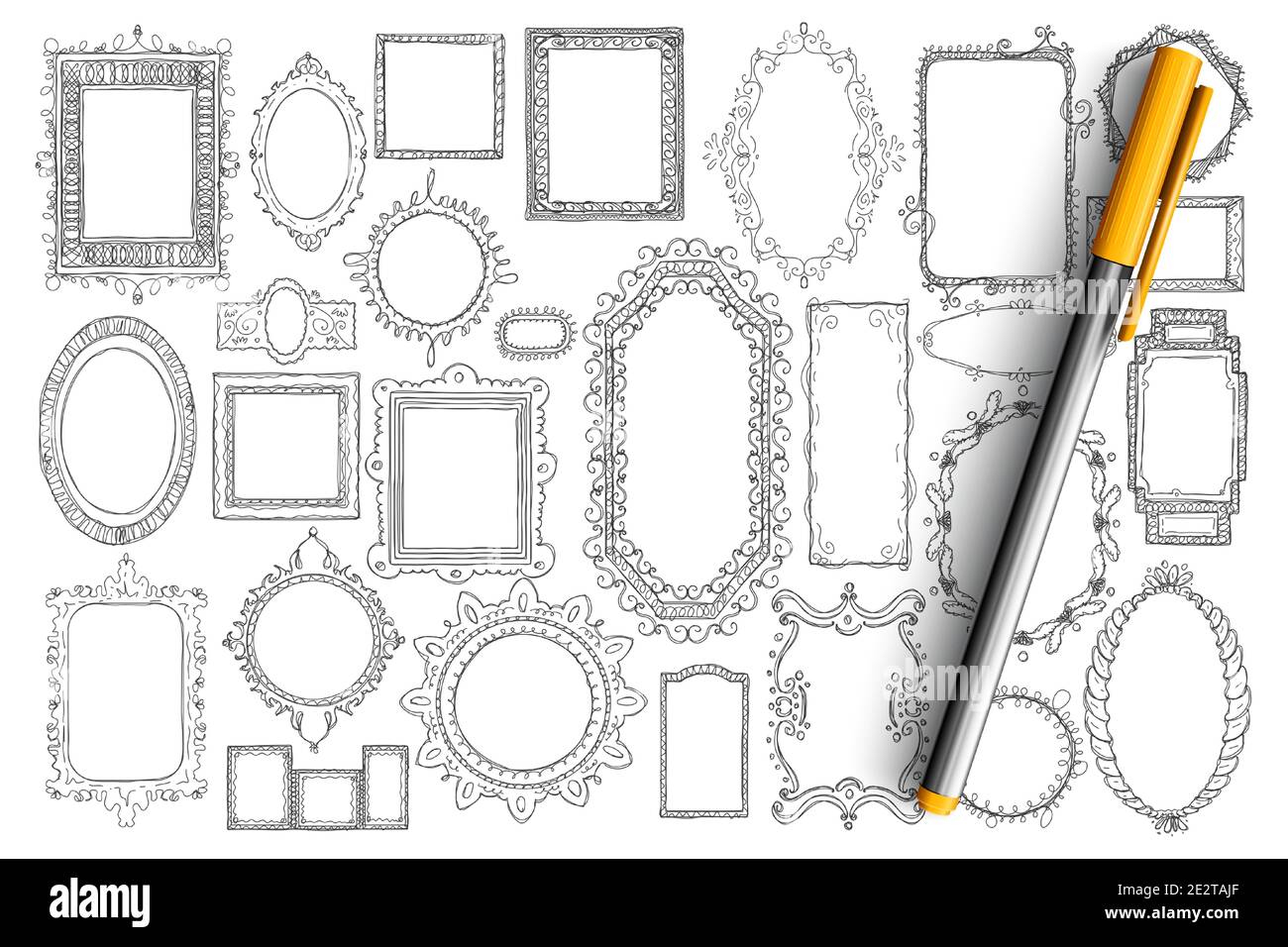 Spiegel und Rahmen Doodle Set. Sammlung von handgezeichneten eleganten Vintage-Spiegel von verschiedenen Stilen und Formen isoliert auf transparentem Hintergrund. Illustration von dekorativen Accessoires Stock Vektor