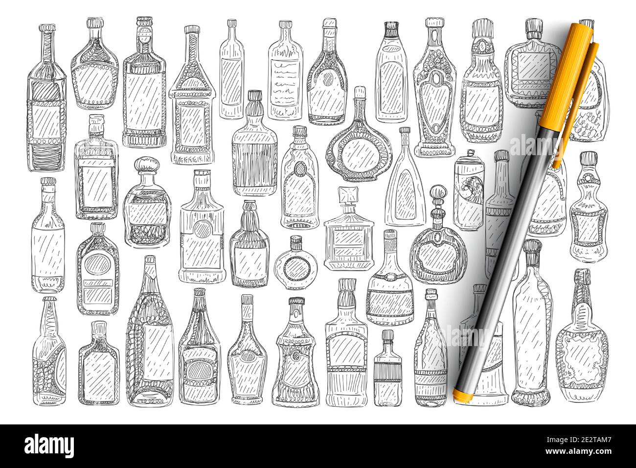 Verschiedene Glasflaschen Doodle Set. Sammlung von handgezeichneten Glasflaschen mit Etiketten für Getränke Parfüm halten Flüssigkeiten und Öl isoliert auf transparentem Hintergrund. Illustration von Glaswaren für zu Hause Stock Vektor