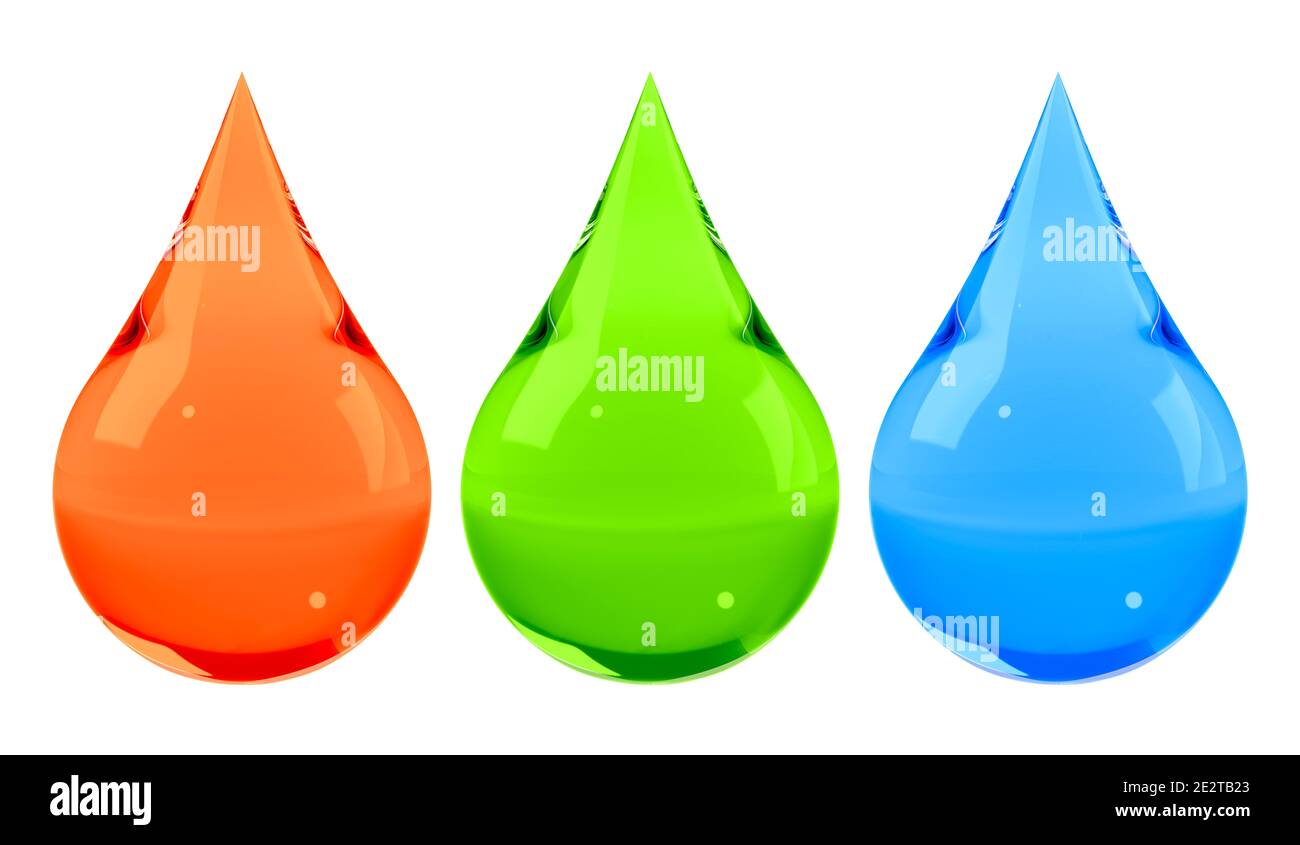 RGB-Farbschema eingestellt. Rote, grüne, blaue Tropfen isoliert auf Weiß gesetzt. Grafisches Design-Element für Poster, Flyer, digitales Display-Handbuch, Studienbücher. 3D Stockfoto