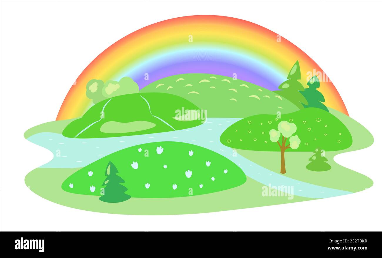 Vektor Frühling Landschaft mit Regenbogen Stock Vektor