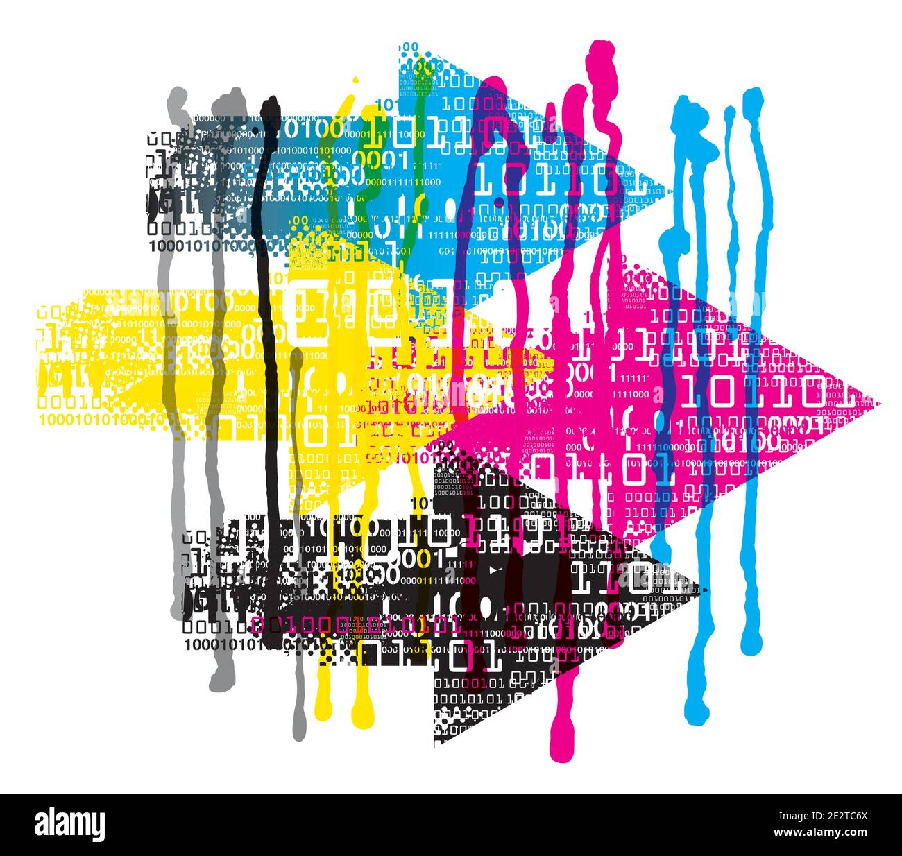 Ausdrucksstarker Hintergrund mit Binärcodes, fließende Farben CMYK. Grunge stilisierte Pfeile mit binären Codes. Stock Vektor