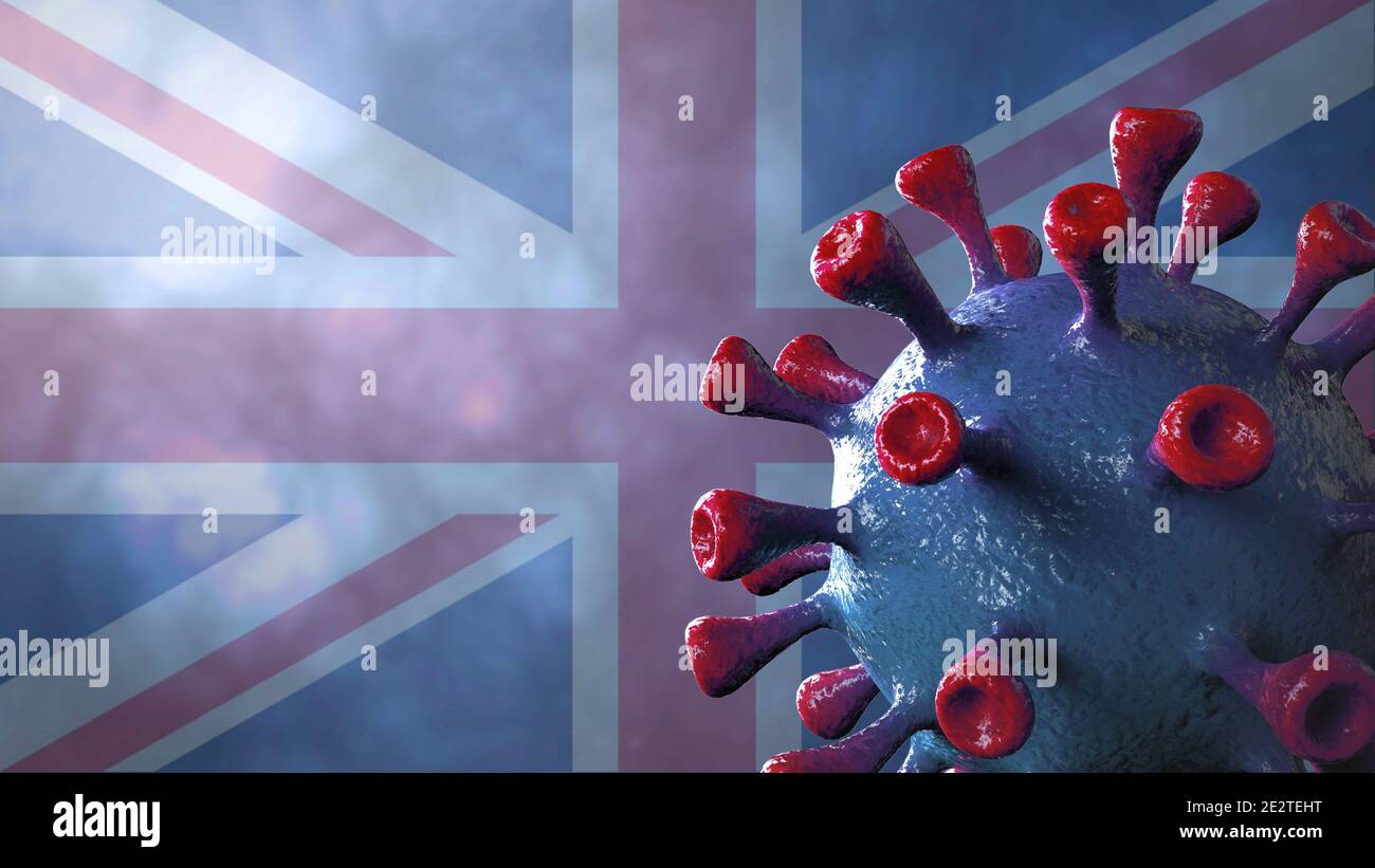 Covid britische und englische Variante, covid-19 Virus mit englischer Flagge. Stockfoto