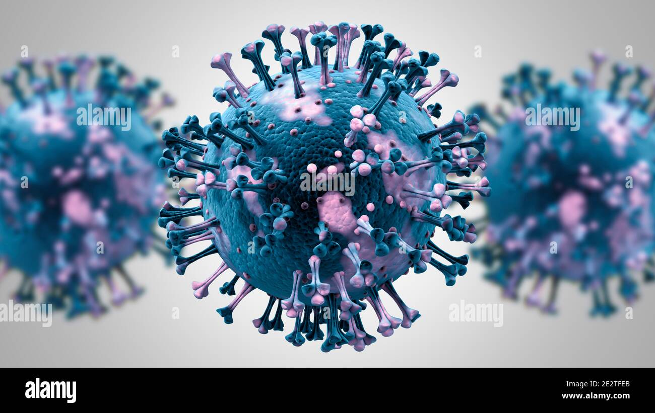 Mikroskop-Viruszellen aus der Nähe. Coronavirus 2019-NCoV Coronavirus Grippeausbruch. Covid-19 Influenza. 3D-Illustration Stockfoto