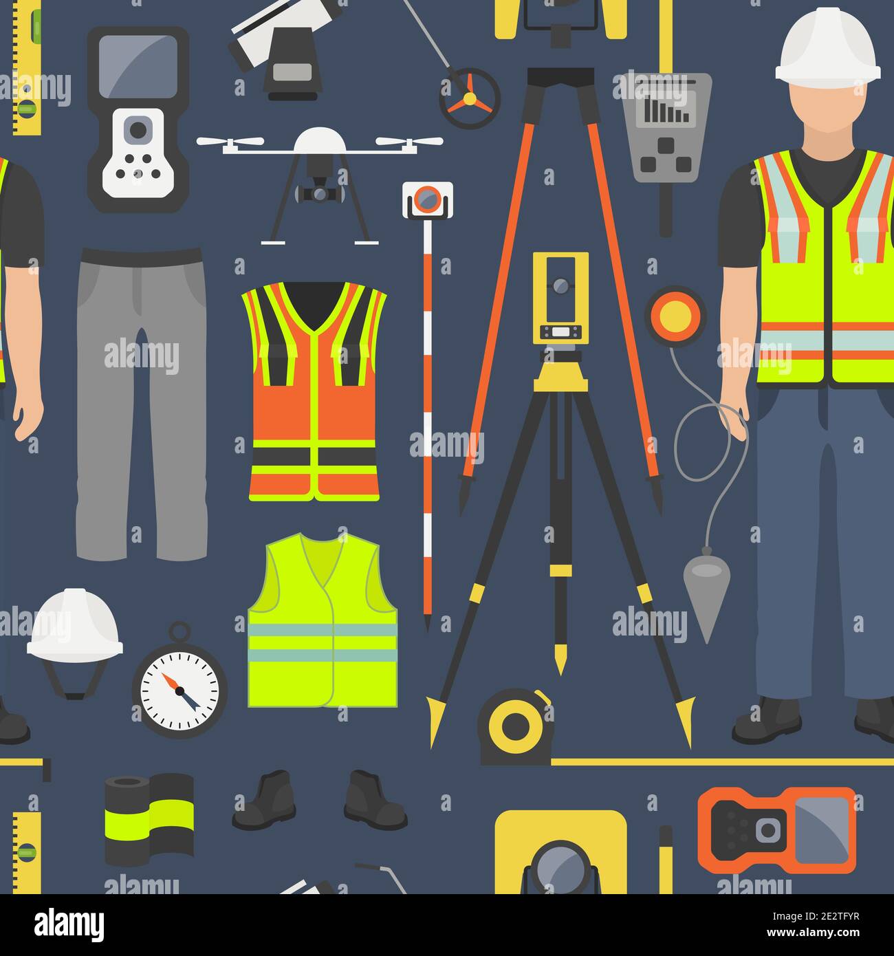 Beruf und Beruf eingestellt. Landvermesser Werkzeuge und Ausrüstung. Nahtloses Muster.Vektorgrafik Stock Vektor