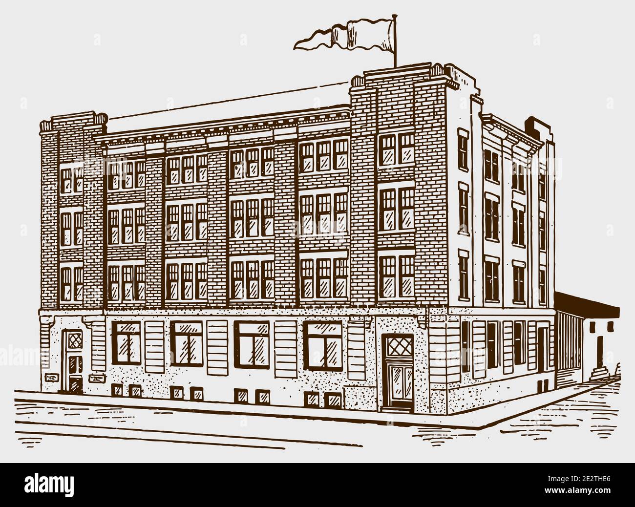 Antikes Firmengebäude in 3-Viertel-Frontansicht mit Flagge oben. Illustration nach einem Stich aus dem frühen 20. Jahrhundert Stock Vektor